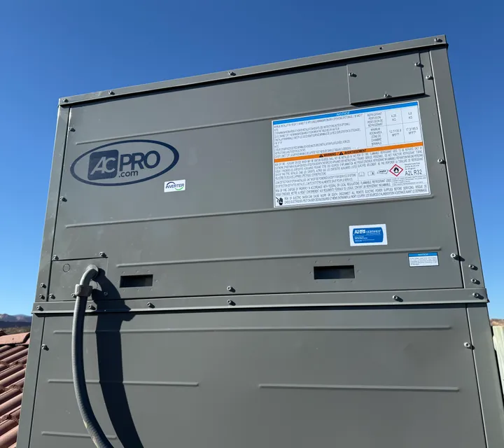 AC PRO Inverter high-efficiency rooftop unit nameplate with A2L R32 refrigerant rating