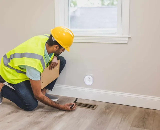Contractor inspecting a floor vent register in a newly built home